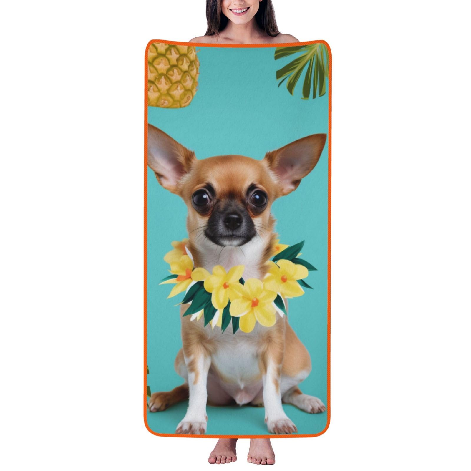 WPKJU Chihuahua Dog Pineapple Printed Bath Towel with Orange Edging - 27x55 in Soft Extra Absorbent Coral Velvet Shower Towels for Bathroom