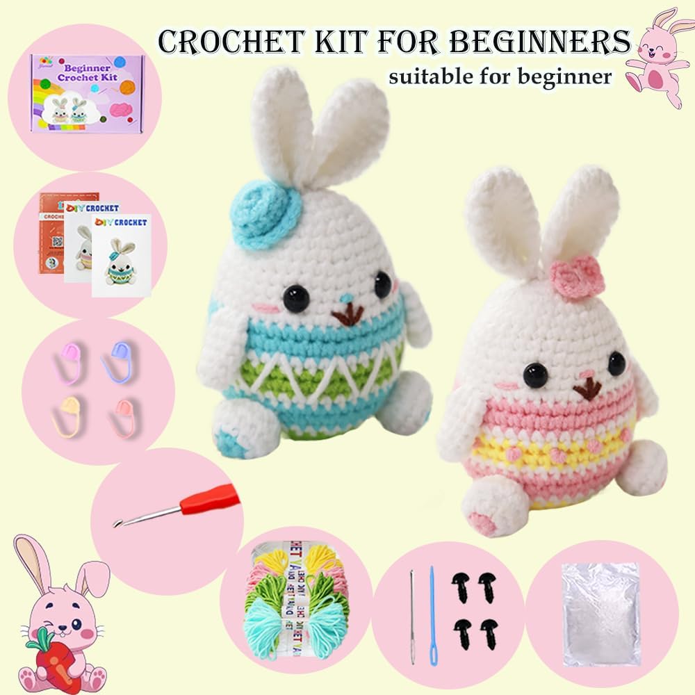 Yarniss Crochet Kit for Beginners,Easter Crochet Bunny Kit with Yarn,Crochet Starter Kit for Rabbit with Video Tutorials