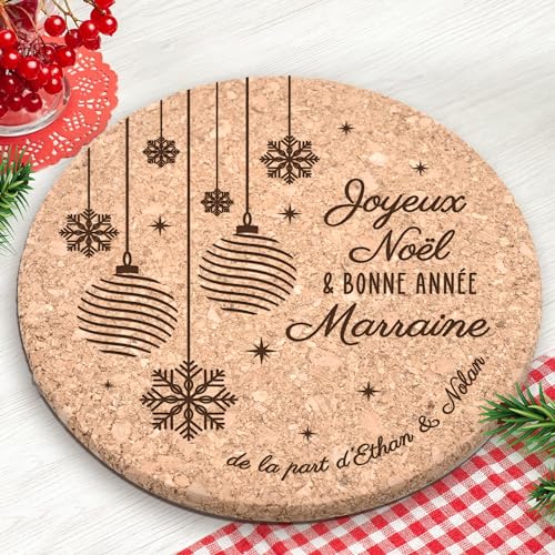 Dessous de plat en liège Joyeux Noël & bonne année personnalisé, idée cadeau fêtes de fin d'année, prénom, texte au choix, 19cm