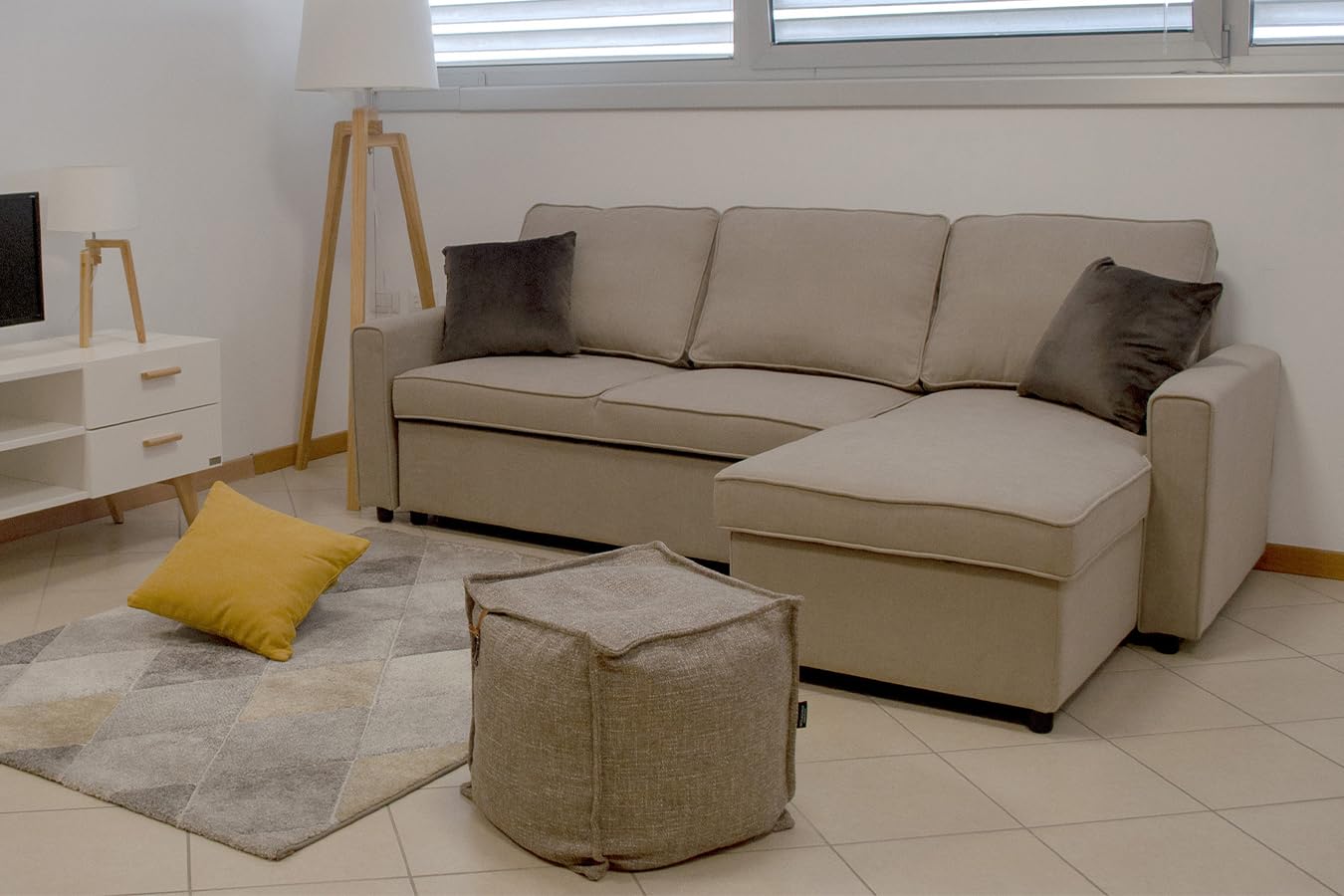 SAMIRA Divano letto angolare con contenitore, divano con chaise longue tortora mod. Kennedy