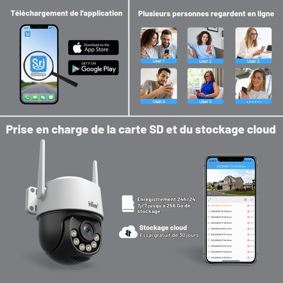 SRIHOME 8MP 2.4/5GHz PTZ caméra de Surveillance WiFi extérieure 3X électronique Zoom Suivi Automatique détection Humaine Audio Vision Nocturne bidirectionnelle