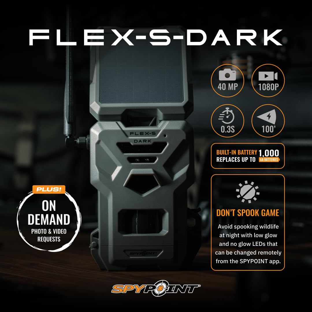 SPYPOINT Flex-S-Dark Solar Cellular Trail Camera – Built-in Solar Panel, 40MP Photos, 1080p Videos + Sound, No-Glow Game Camera, Night Vision, Motion Activated Trail Cam