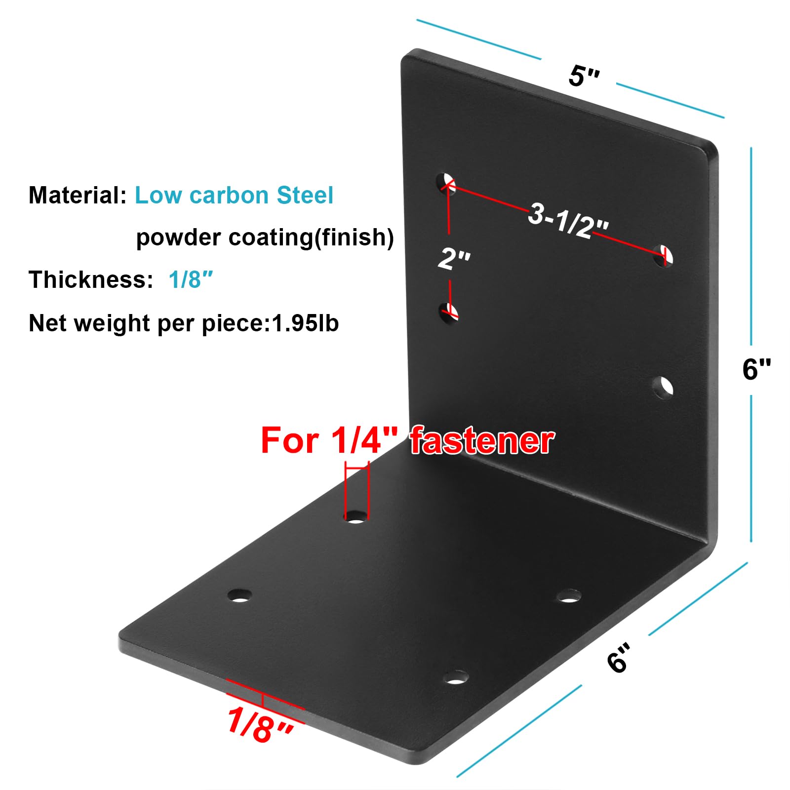 4 soportes de ángulo recto en L de acero resistente de 6 x 6 x 5 pulgadas, soporte de esquina para estantes de conector de madera, grosor de 1/8 pulgadas, carga máxima de 150 libras