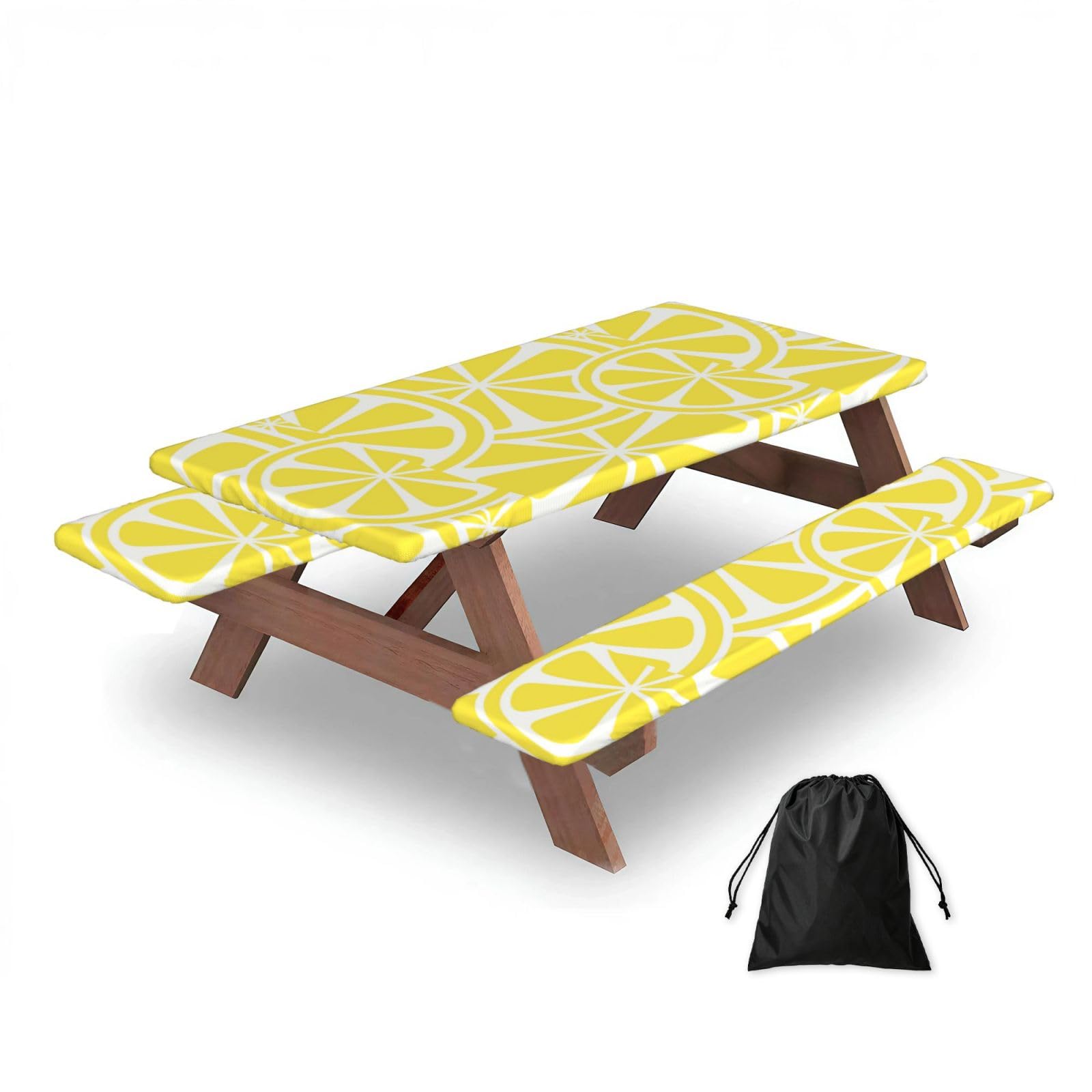 Dopklna As Picture Lemon Slice Yellow, Picnic Table Cover With Bench Covers -Waterproof Elastic Fitted Tablecloth For Garden Camping Patio 76X152cm