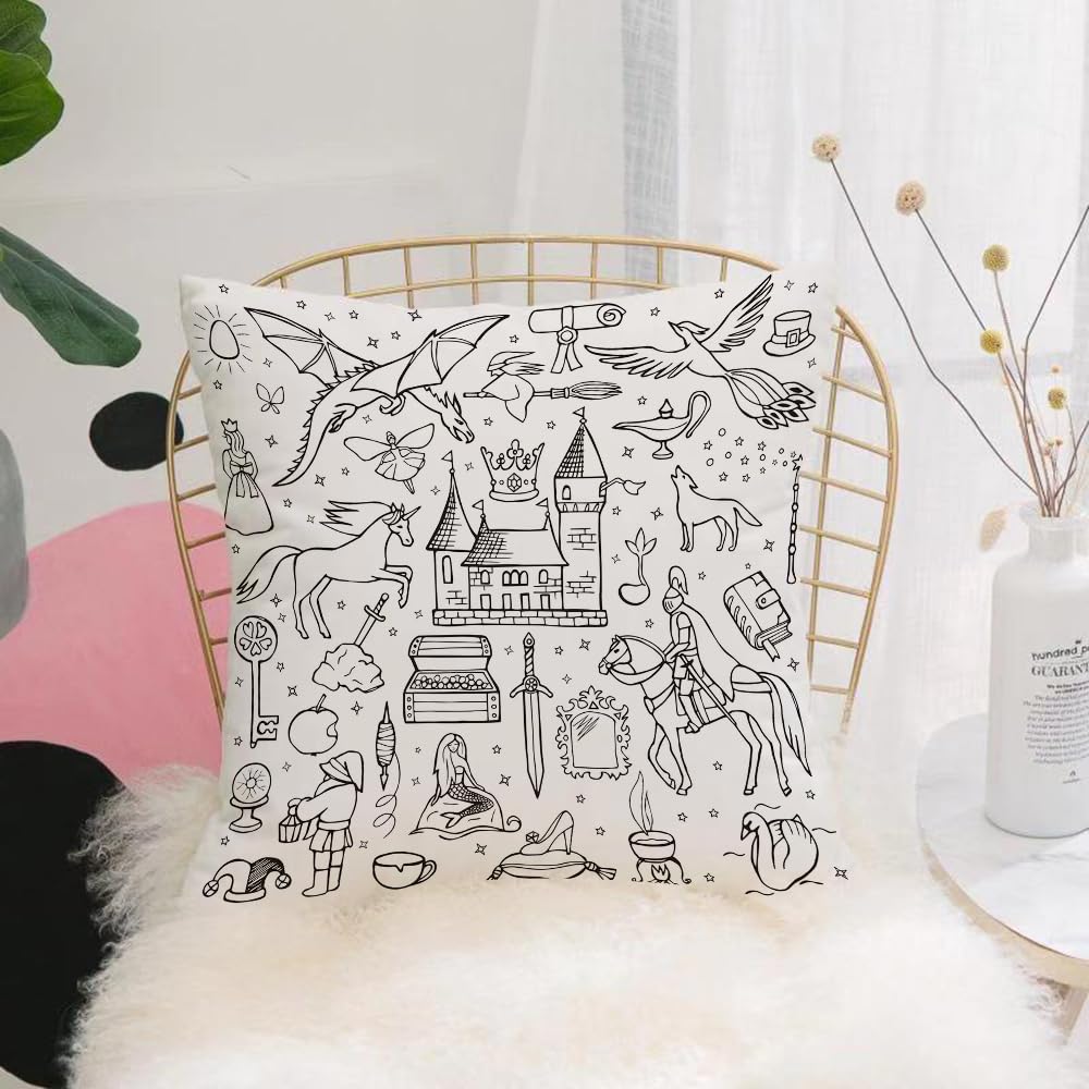 HYOSXW Cushion Cover,Throw Pillow Case Home Decorative for Living Room Bedroom Sofa Chair 16X16 Inch,Black and white doodle drawing of fairy tale elements,Pillowcase 40X40cm