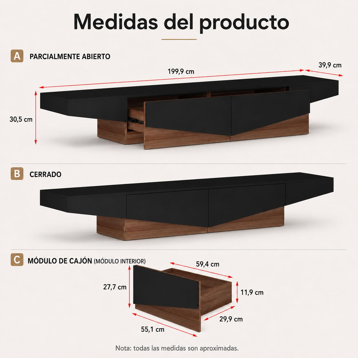 Mueble bajo para televisión Negro con Aspecto de Madera, Mesa de TV de 200 cm con cajones, Moderno Armario de TV con Espacio de Almacenamiento, Mueble bajo para Sala de Estar, Mueble
