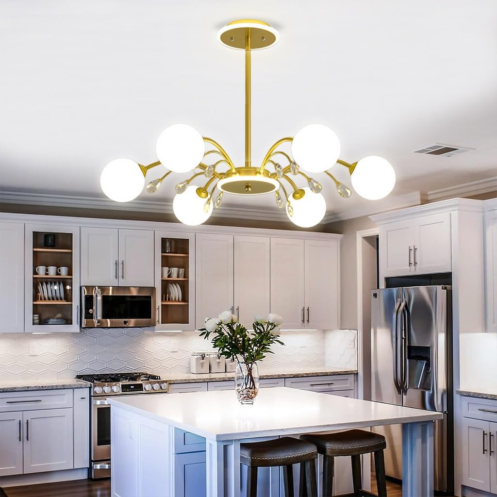 Lysdjia Girls Gold 6-Lights Globe Mid Century Chandelier Modern Sputnik Pendant Light Fixture With G9 Bulb Brushed Metal Finished With White Globe Glass Lampshade Dining Kitchen Island Bedroom Hanging Lighting(G