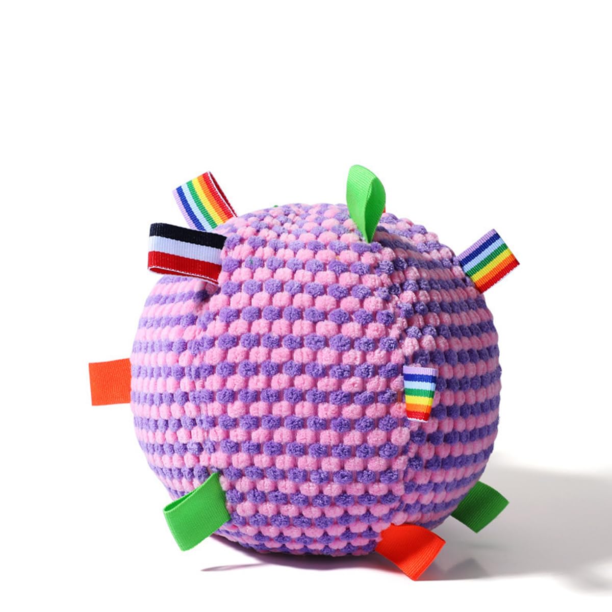Round Interactive Dog Toy Bell, Plush Engaging Chew Ball with Built in Bell for Small Pets Outdoor Play- 6.3 Inch with Playful Ribbons (Purple)