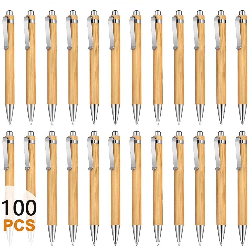 Tiamu 100 Pcs Bamboo Ballpoint Pen, Ballpoint Ink Medium Point 1.0 mm, Retractable Ballpoint Pen for Writing, Teacher Pens, Wooden Engraved Pen, Gifts Pens for Teacher Colleagues