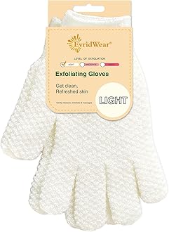 Evridwear Exfoliating Gloves for Shower, 100% Nylon Thick Soft Medium Heavy Bathing Gloves Dead Skin Remover Body Scrubber Smooth Skin with Hang Loop, 1 Pair Light White