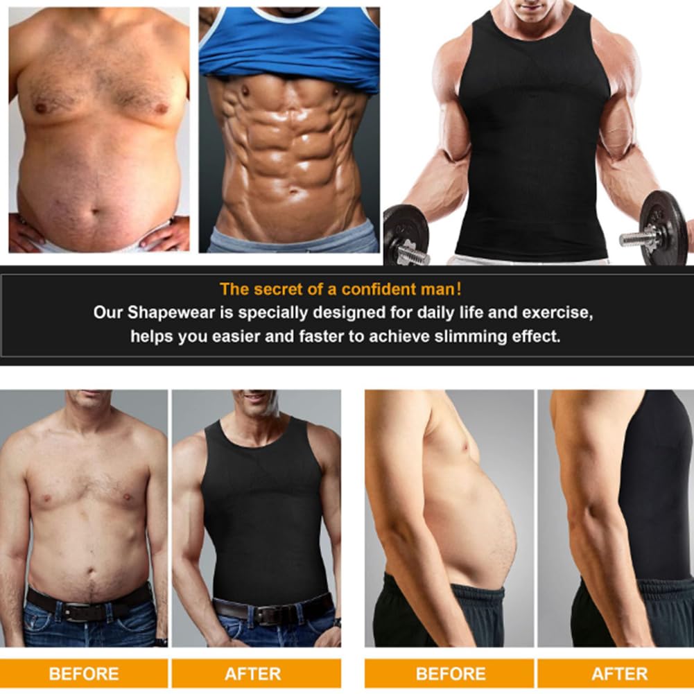 Camiseta de compresión para Hombre, Faja Abdominal, Faja de Pecho, Chaleco Moldeador de Cuerpo Adelgazante, Camisetas sin Mangas de Entrenamiento(Negro-XX-Grande