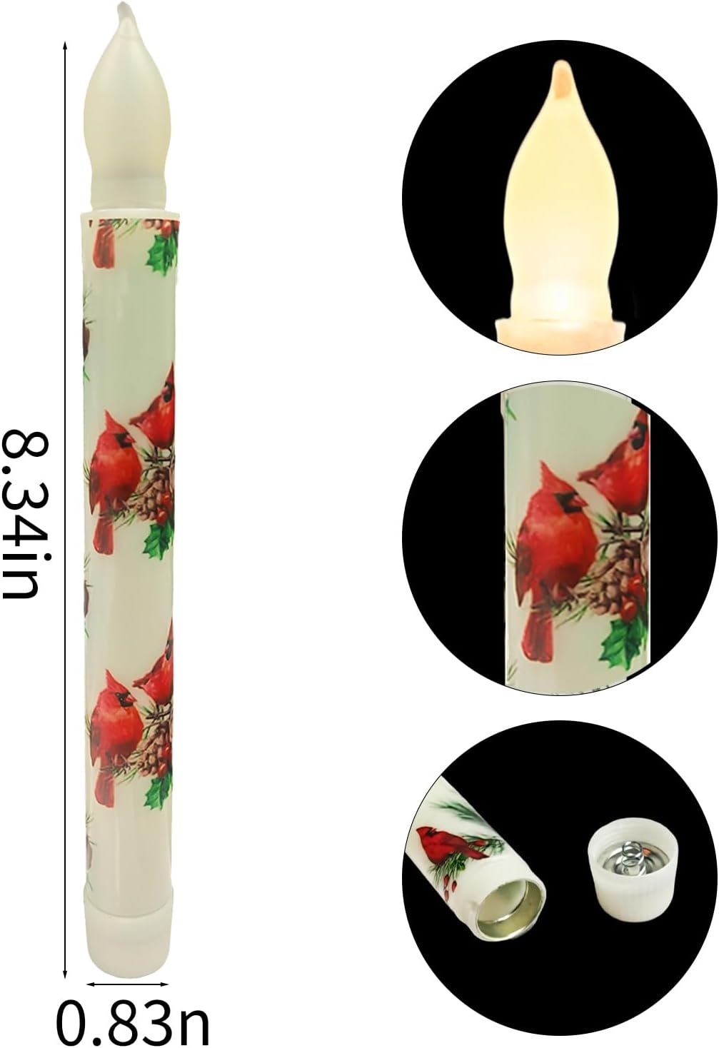 2PCS Cardinal Flameless Taper Candles with Red Birds & Pine Branches Battery Operated Warm White Flickering for Christmas Table Home Decor Memorial Gifts