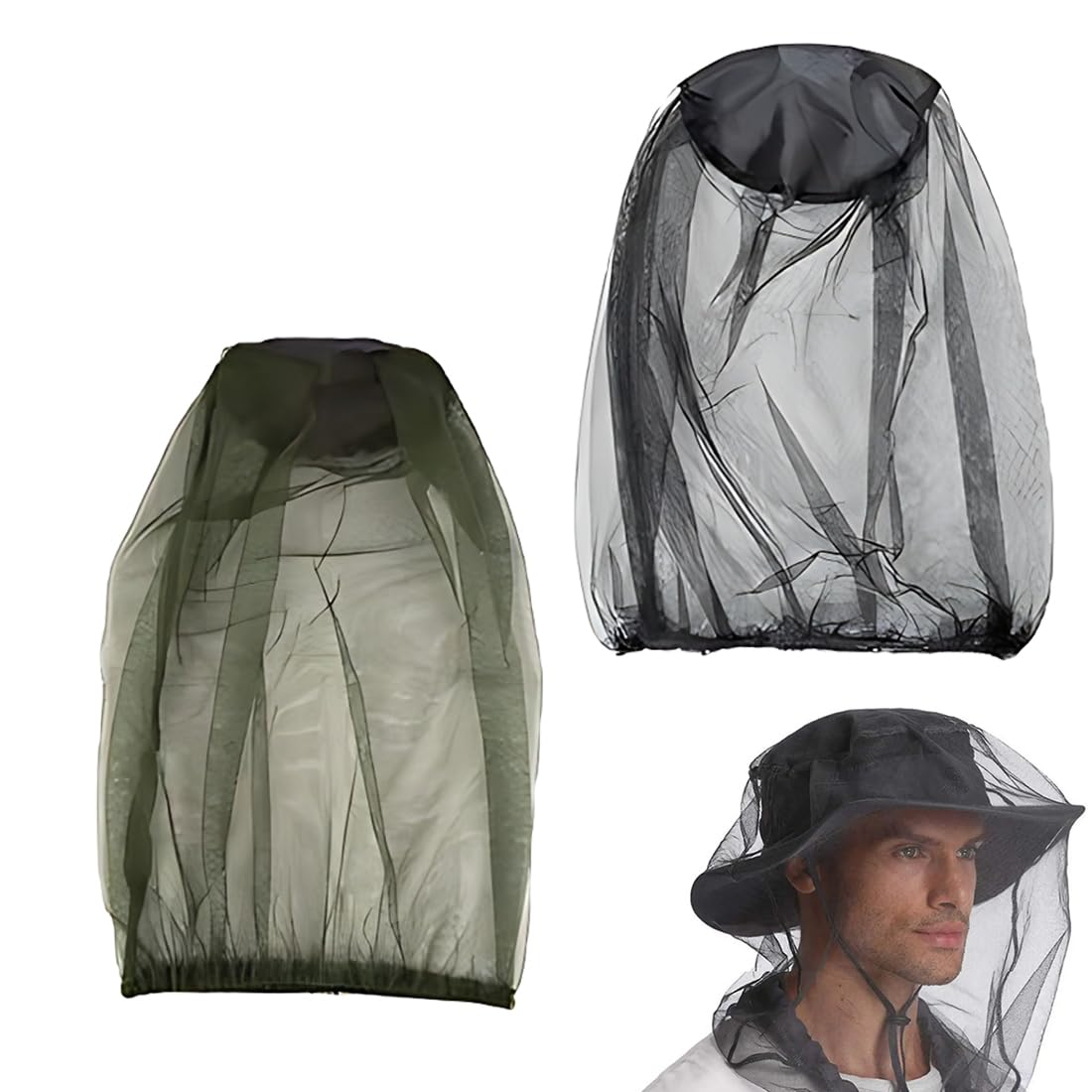 2 Pezzi Cappuccio a Prova di Zanzara con 2 Borse Portaoggetti Zanzariera Cappello Testa di Zanzariera Leggeri e Resistenti per Protezione da Insetti e Zanzare cappello zanzariera rete (Nero+Verde)