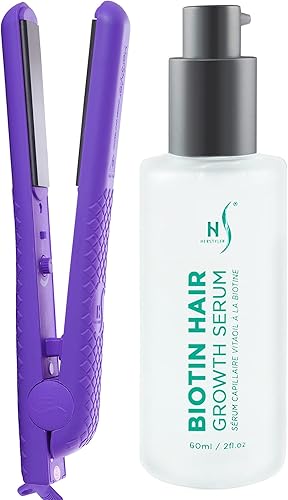 Herstyler Colorful Seasons - Plancha plana de cerámica, doble voltaje, 1.25 pulgadas, color morado y HerStyler Biotina para el crecimiento del