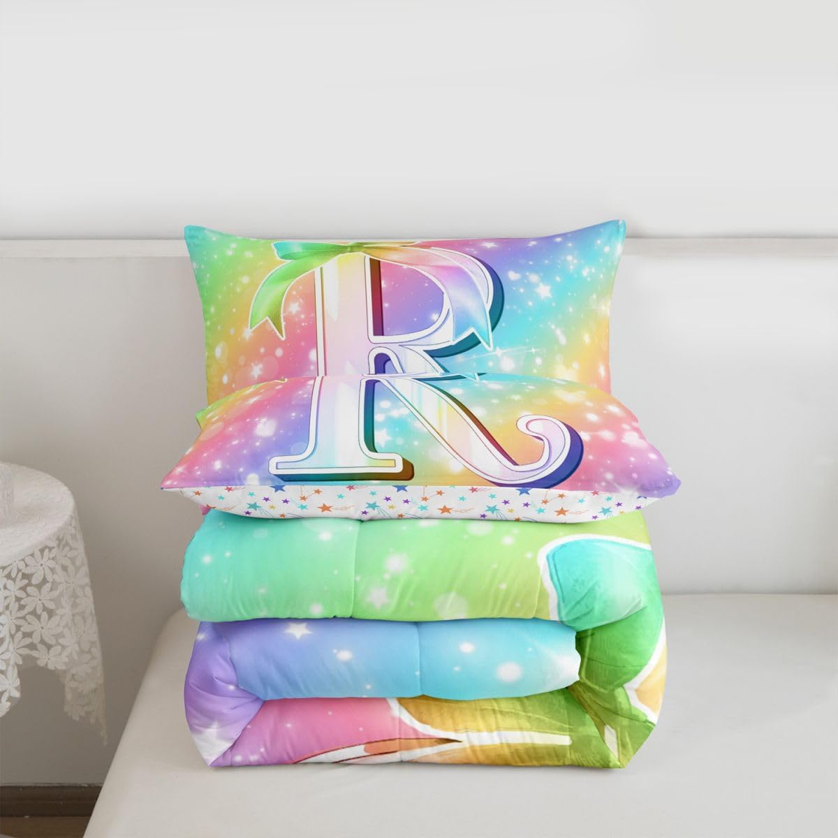 Feelyou Colorful Rainbow Comforter Set Personalized Gifts for Kids Girls Bedding Set with 2 Pillow Cases Cute Coquette Bow Knot Kids Full Bedclothes Initial R Bedroom Decor Monogrammed Duvet Quilt