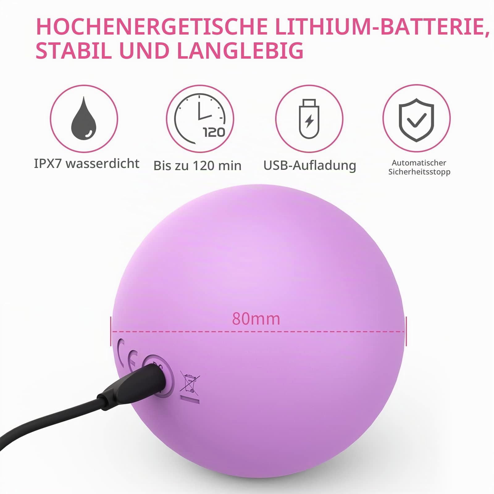 8cm Massage Ball, Elektrischer Massageball mit 5 Intensitäten für Muskeln, Triggerpunkte, Physiotherapie – Schaumstoffrolle für Rücken, Nacken, Fuß, Plantarfasziitis (Lila)
