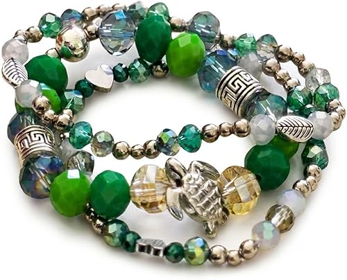 Green Depths Handmade Beaded Bracelets Set - Green & Silver Crystal Beads with C