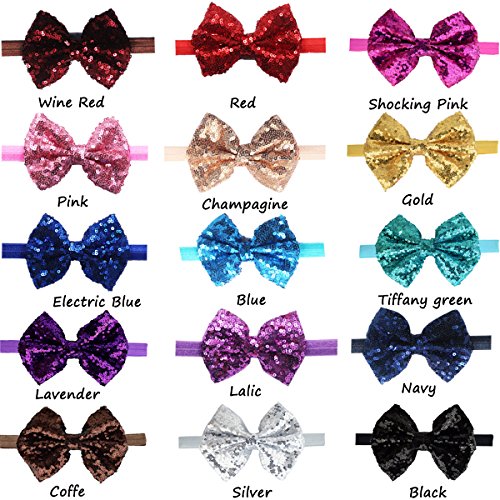 Cellot 15Pcs Baby Girl Headbands Sparkly Glitter Sequins 4" Big Hair Bows Ribbon Soft Stretchy Hair Bands For Infant Newborn And Toddlers #TOP1