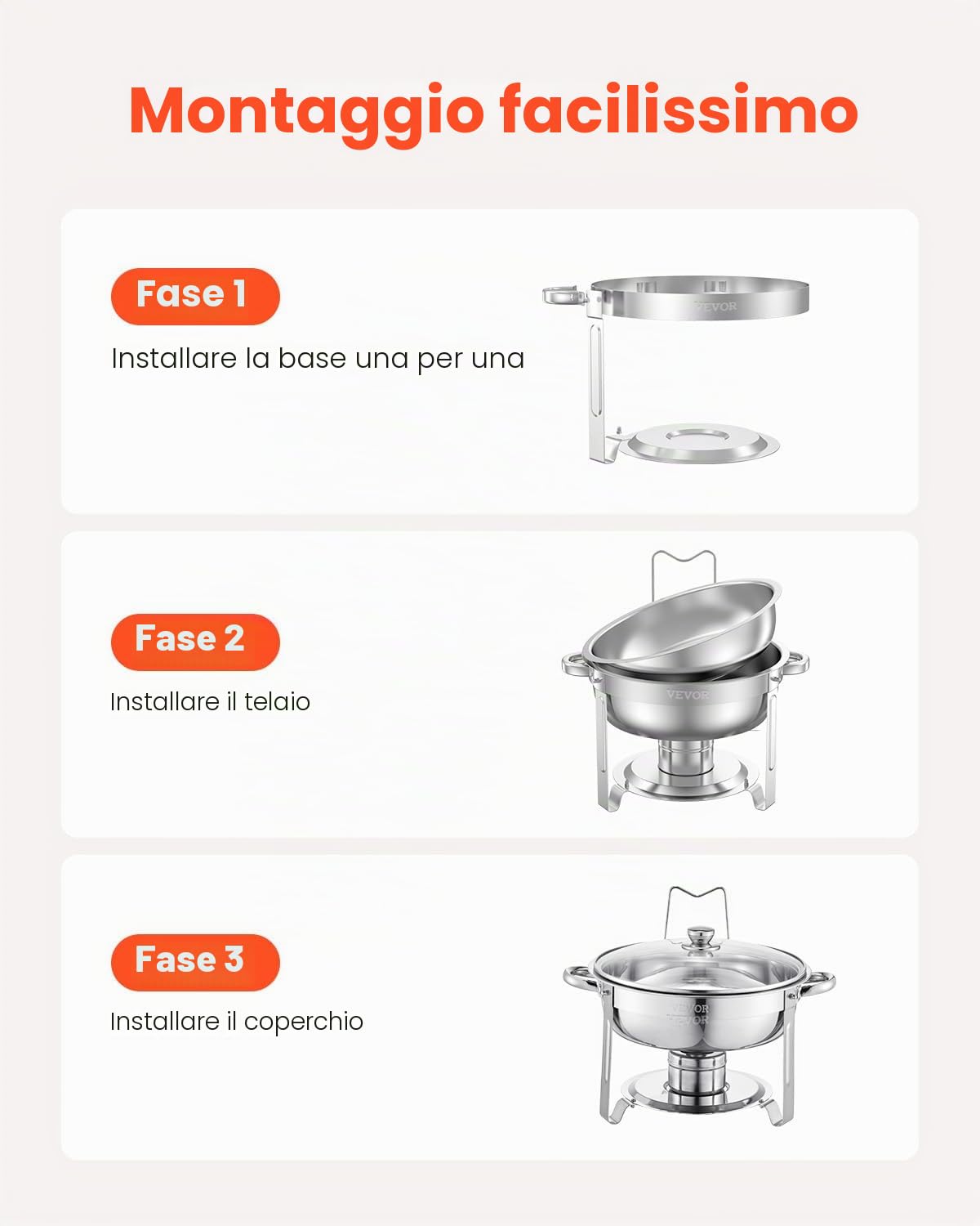 VEVOR Set Scaldavivande a Buffet 4,7 L in Acciaio Inox con 2 Padelle, Distributore Calore Rotondo con Coperchio in Vetro, Vaschetta per l'Acqua e Supporto, per Matrimoni, Feste a Buffet, Argento