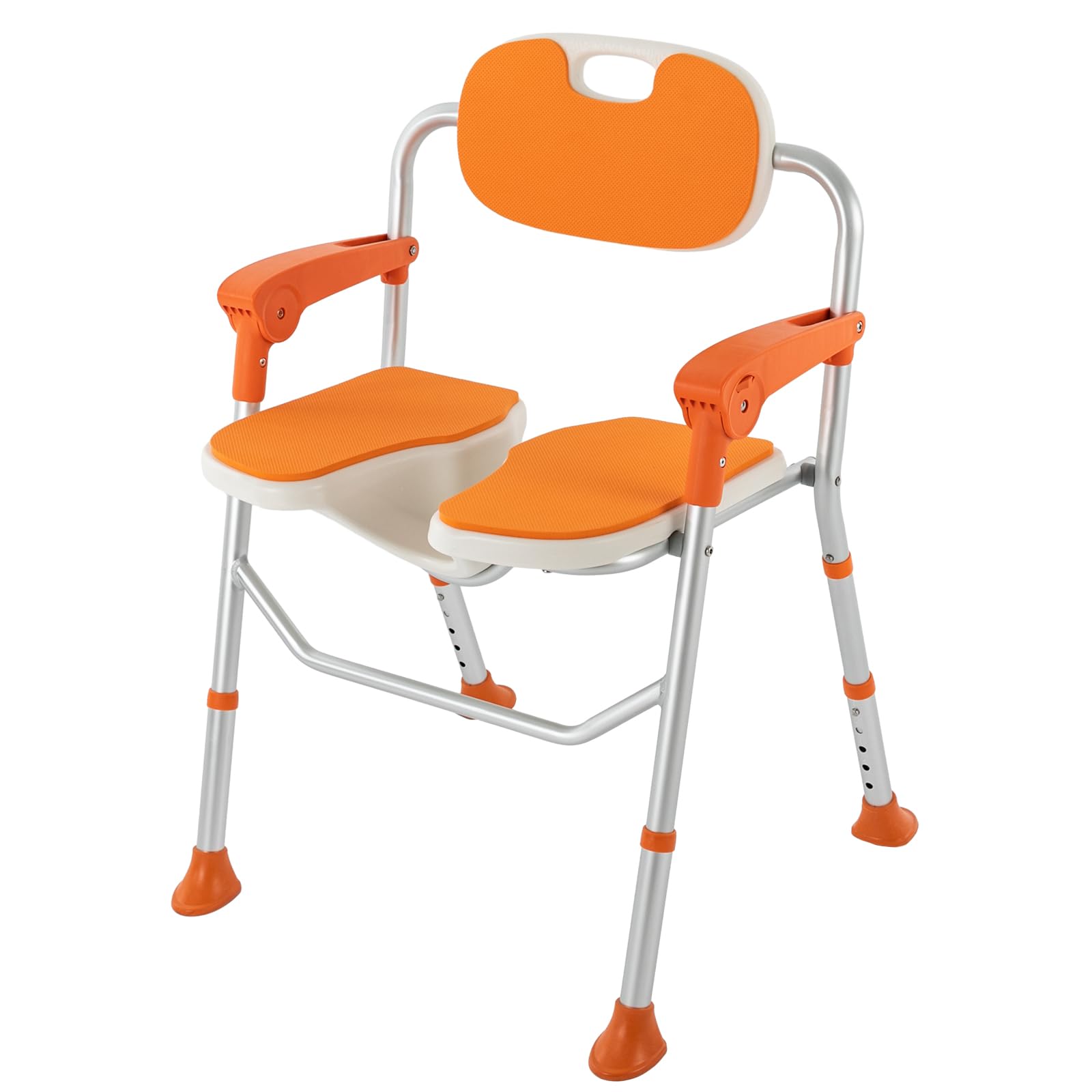 Silla de ducha regulable en altura, altura ajustable 39-49 cm, con respaldo, reposabrazos soporta hasta 150 kg, con almohadillas antideslizantes para los pies, silla de baño para personas