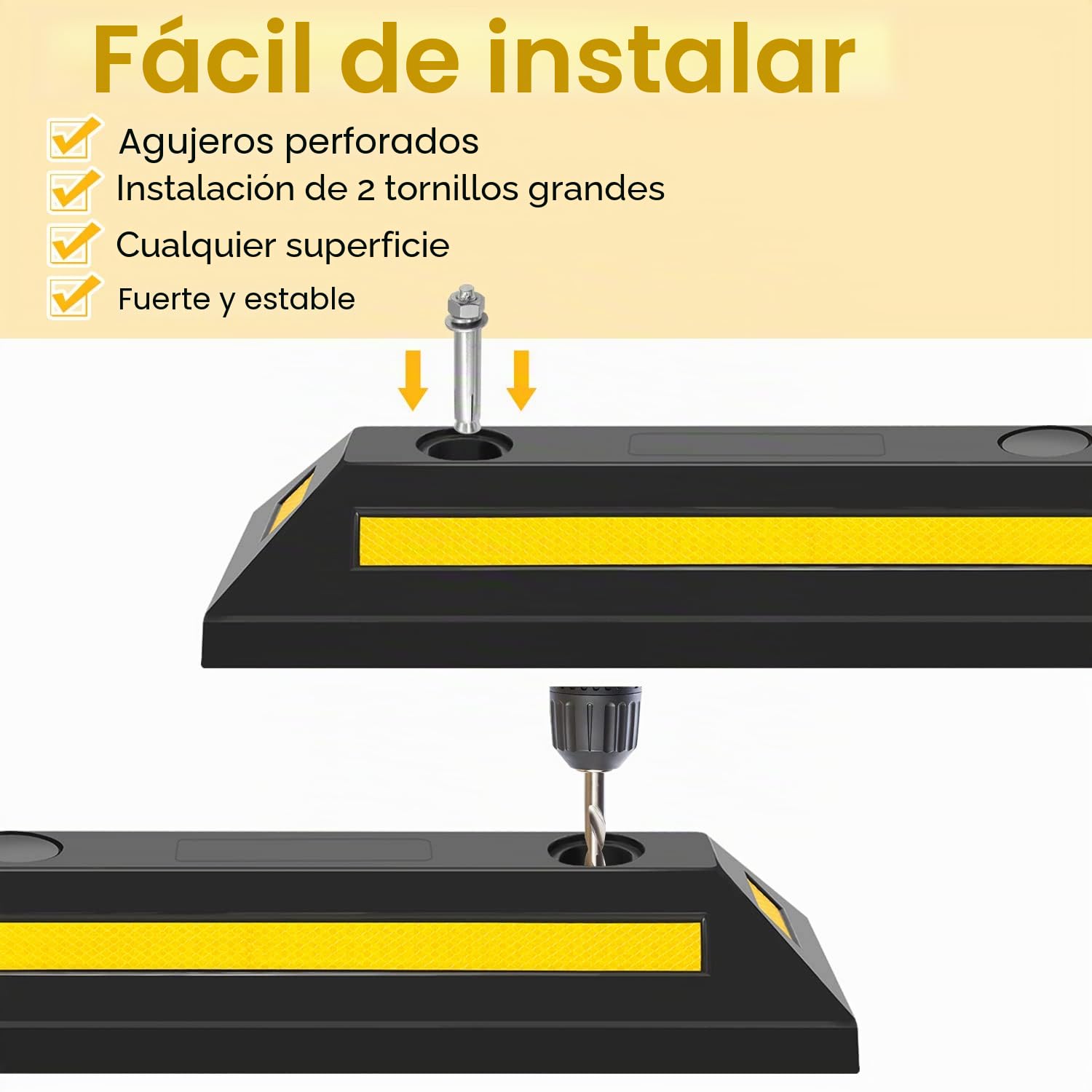 Fiqops 4 topes de goma para rueda de 54 x 15 x 10 cm, limitación de aparcamiento con bandas reflectantes amarillas, topes de aparcamiento con anclajes de expansión, ayuda para aparcamiento para garaje