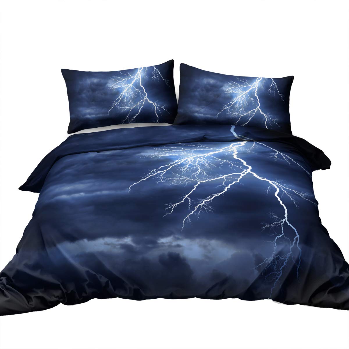 BlessLiving Lightning Storm Bedding Lightning Strike Duvet Cover Set with 2 Pillow Shams 3 Piece Double Size Navy and White Bed Sets for Teens Kids Boys and Girls