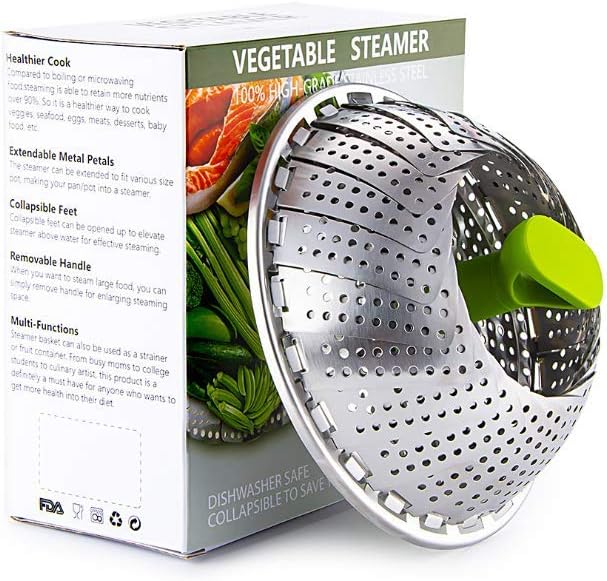 Steamer Basket Stainless Steel Vegetable Steamer Basket Folding Steamer Insert for Veggie Fish Seafood Cooking for Herbs, Chicken, Meat & Vegetables with Oven Mitts (9 in)
