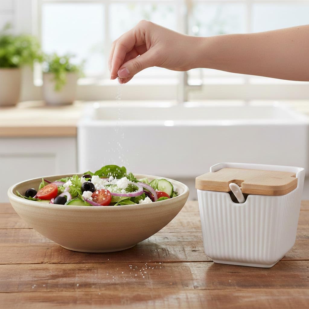 Portaspezie - Saliera con Coperchio in Legno - Zuccheriera - Contenitore per Condimento in Ceramica - Bianco (Modello 3)