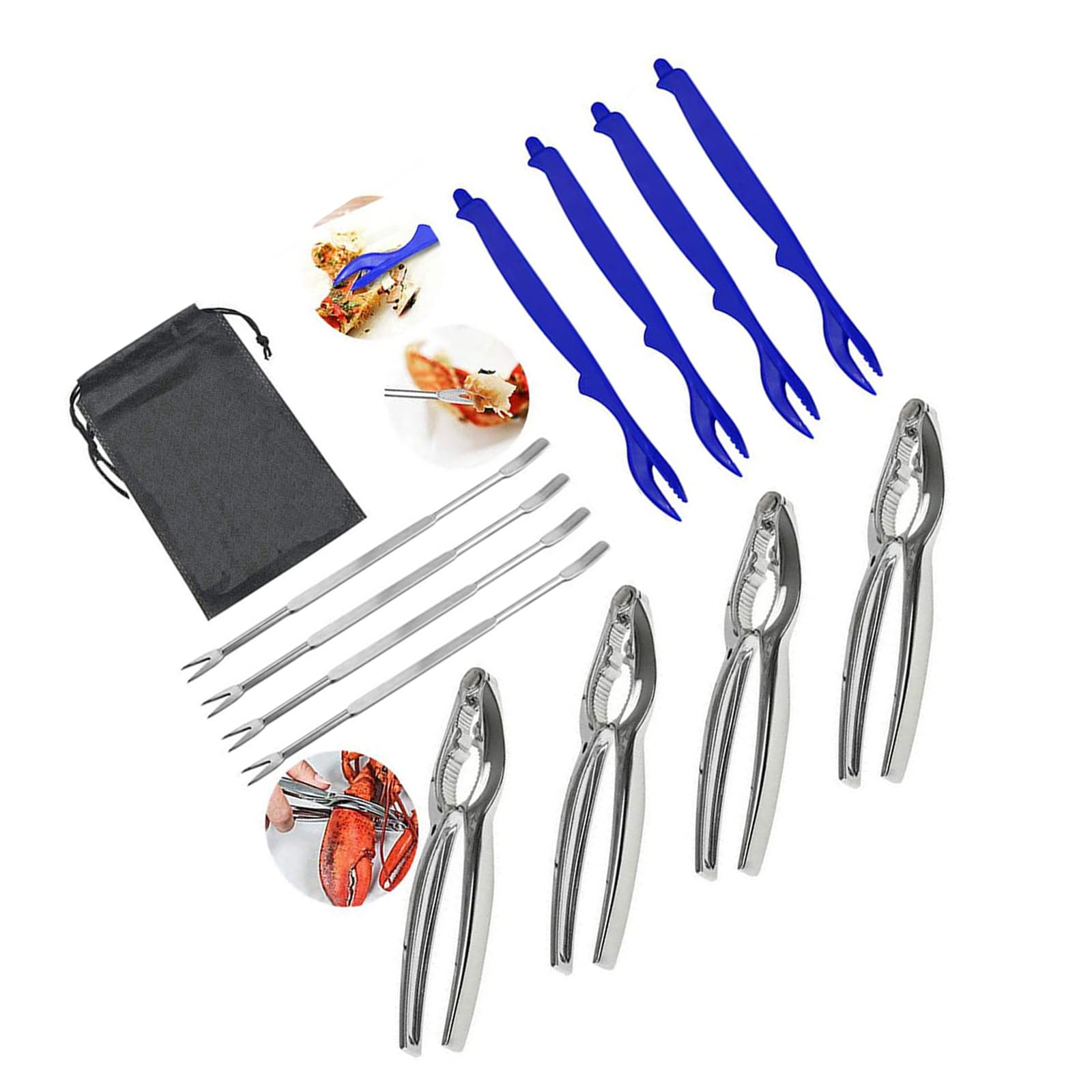 jiingekk Alloy Seafood Crackers Tool Set with Storage Pouches for Crabs Lobsters Shellers Preparation Processing and Serving Kitchen Accessories