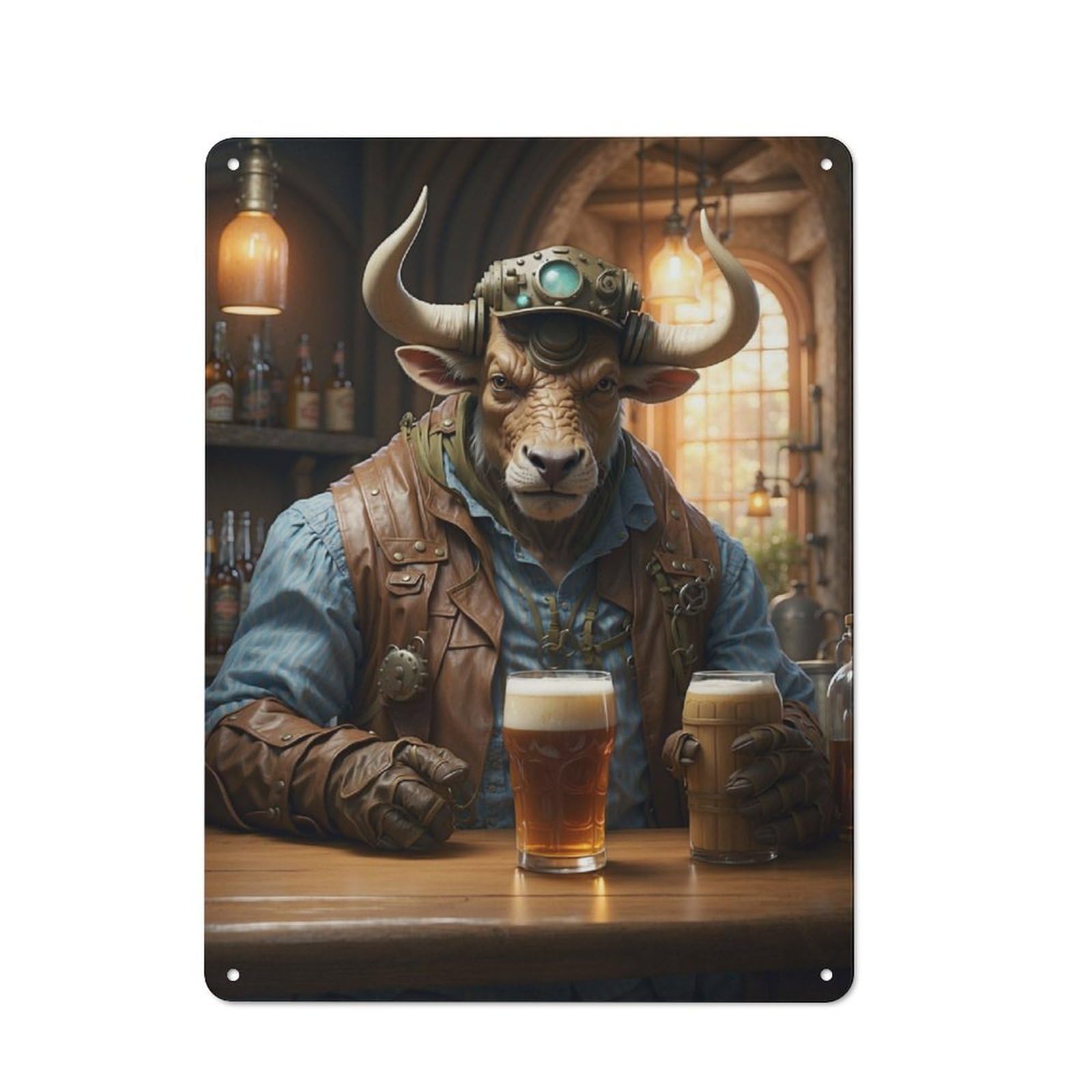 Junmoney Steampunk Craft Beer Ox For Lounge Or Reading Corner, Rustic Tin Sign 40X30cm, For An Autumn Update To Lounge And Reading Corner