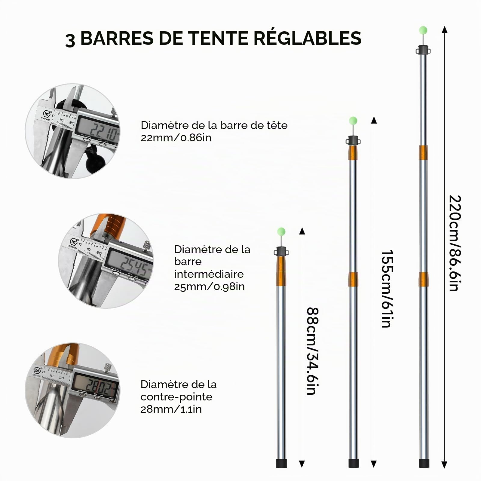 KOMCLUB 2 piquets Mât de Tente télescopique, Tente de Camping pour bâche, auvent, Porche, voiles de Soleil, bâche en Aluminium, télescopiques réglables