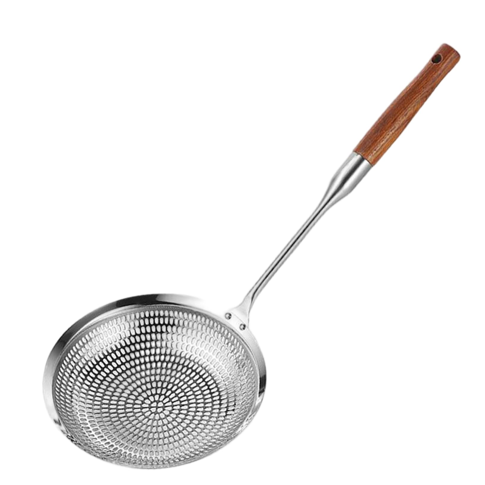 Wedhapy Spider Strainer Stainless Steel Spider Strainer, Stainless Steel Skimmer Spoon with Pear Wooden Long Handle Multi-Use Kitchen Utensil for Cooking, Draining, Frying