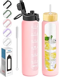 Nefeeko 32 oz Glass Water Bottles with Straw, Motivational Glass Water Bottle with Time Marker, 1 Liter BPA FREE Leakproof Reusable Glass Water Bottle with Silicone Sleeve, Bamboo Lid, Spout Lid (B)