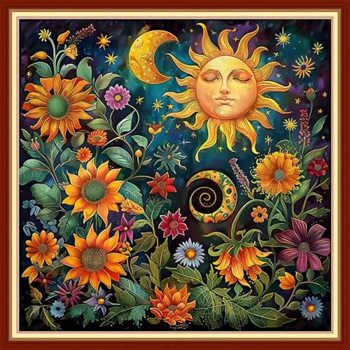Image of Funchey Stamped Cross Stitch Kits, DIY Cross Stitch Pattern for Adults Beginners Needlepoint Kits Embroidery Kit Arts and Crafts 11CT& Magic Sun Moon Flowers 18x18 inchs