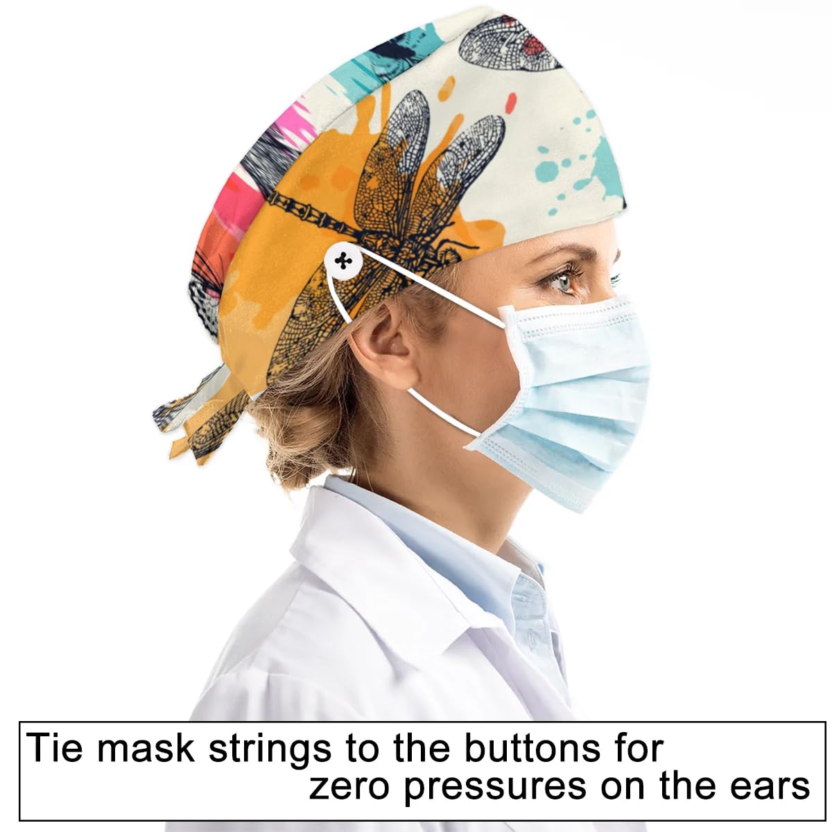 Mularoka Watercolor Dragonfly Butterfly Silhouettes Working Caps with Button Sweatband Comfortable Adjustable Bouffant Hats Work Hat for Women Men