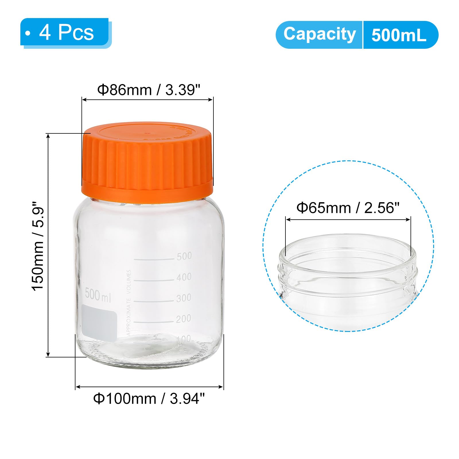 PATIKIL Paquete de 4 botellas de almacenamiento de medios de reactivo, 500 ml, botellas redondas graduadas de boca ancha con tapón de rosca GL32 naranja para líquidos reactivos de agua de laboratorio,