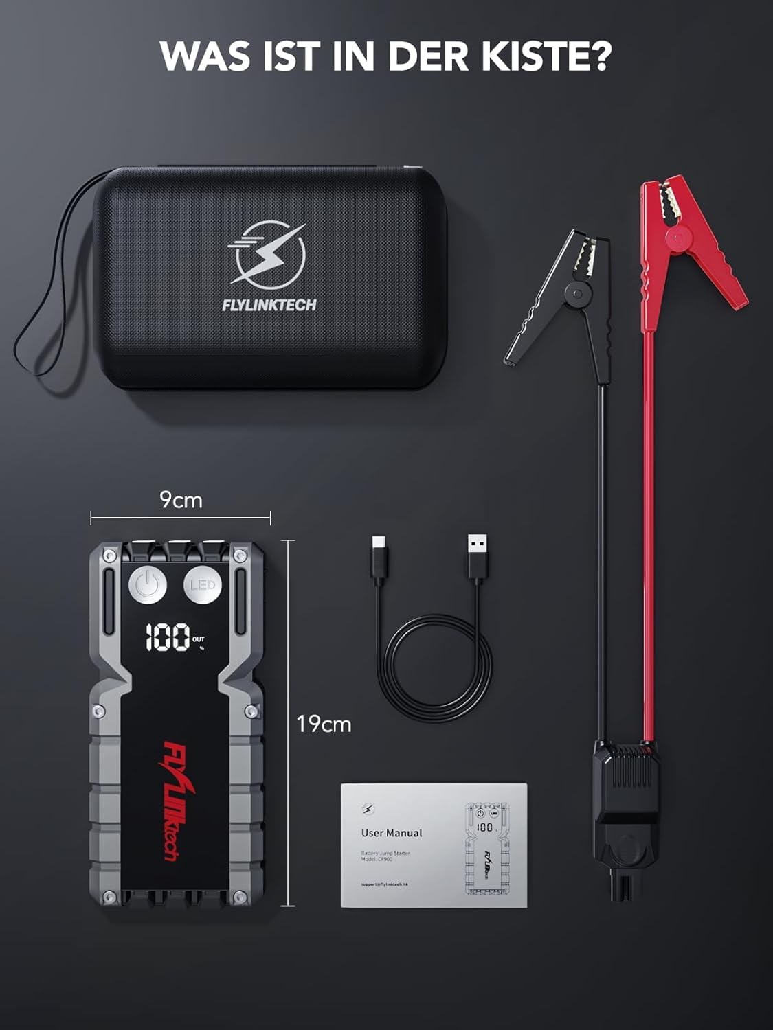 FLYLINKTECH 7000A Auto Starthilfe Powerbank für Pkw für 12V Fahrzeuge | 18000mAh/66.6Wh Starter Powerbank, USB-Schnellladung, 3-Modi LED-Licht, LCD-Display, IP67 Wasserdicht