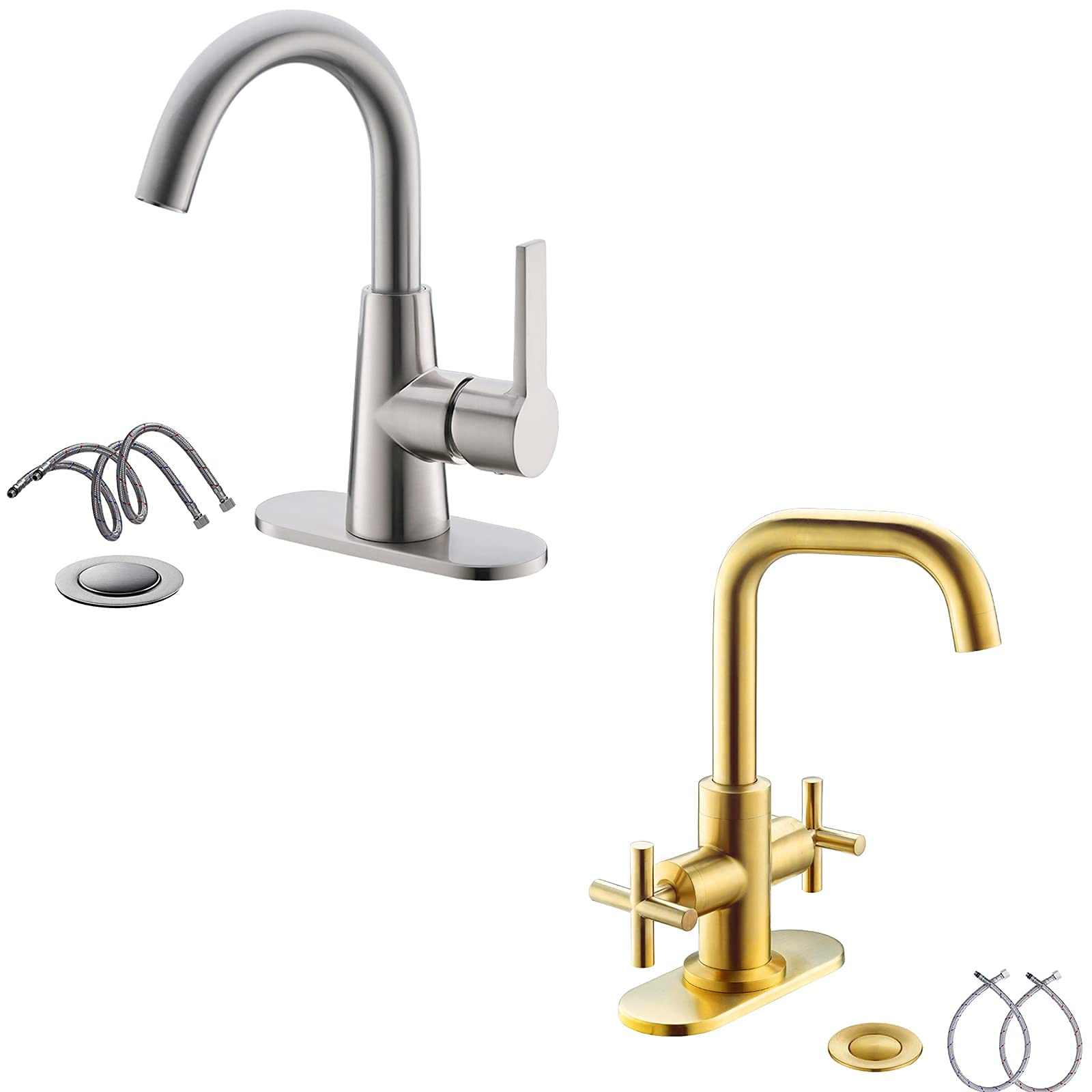 Robinet de Salle de Bain à Deux poignées, entraxe de 10 cm (4 Pouces), avec bonde, Plaque de Montage et Flexibles d'alimentation. Convient pour Les installations de 1 à 3 Trous.