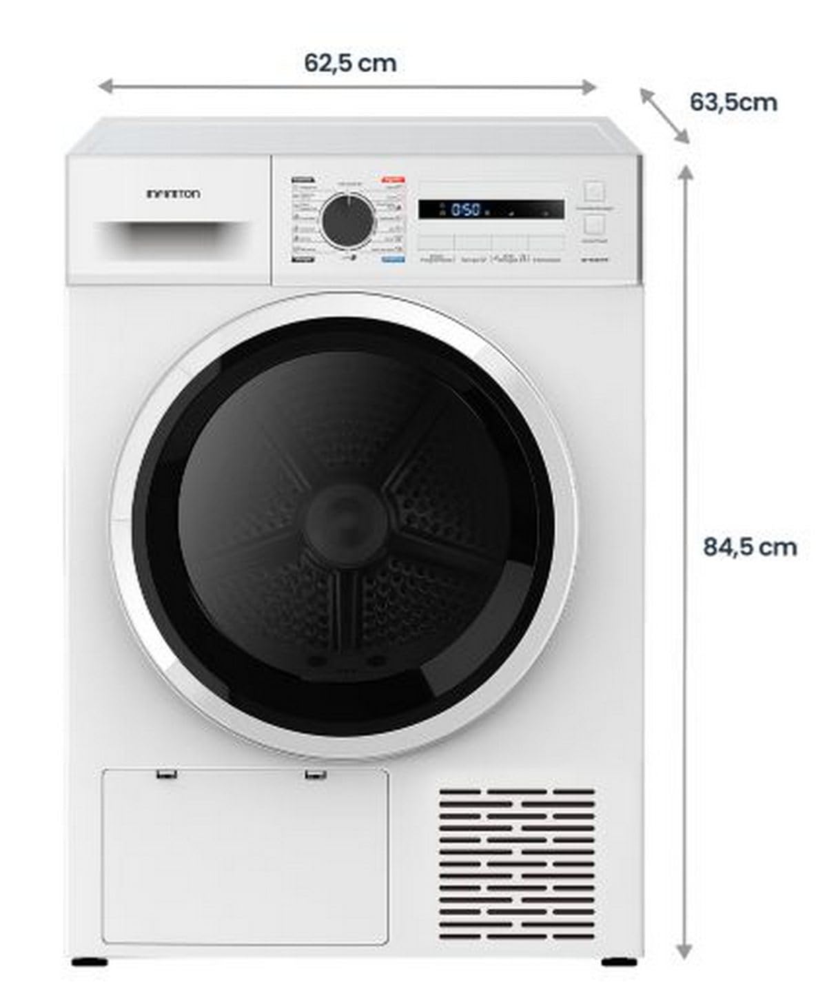 Secadora Bomba de Calor Infiniton SD-A85BB, 8 kg, 85 cm de Altura, 14 Programas, Función Antiarrugas, E, Cesto interior de acero galvanizado, Pórtico extra grande con 375mm (SD-A85BB || Blanco)