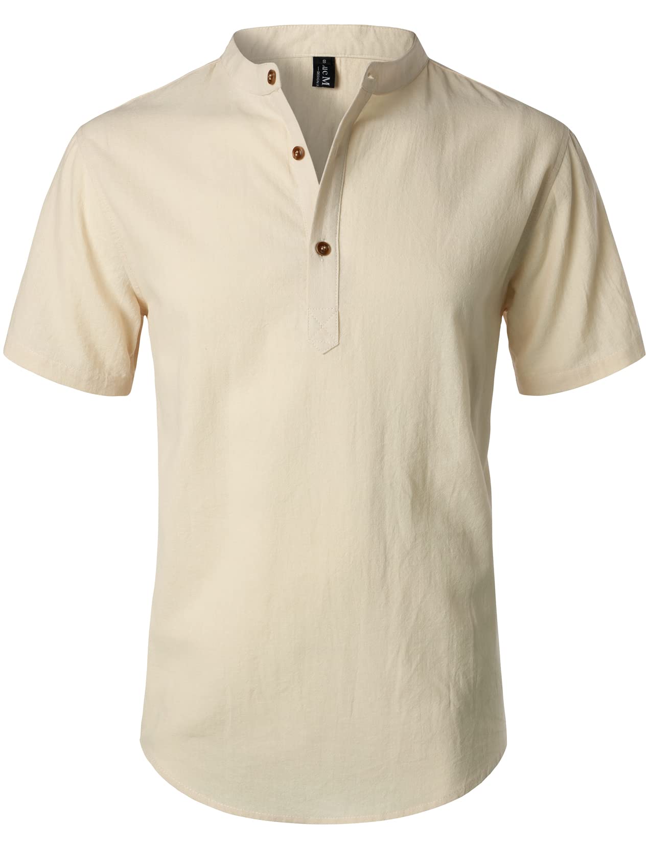 LucMatton Camisa casual de algodón y lino de manga corta para hombre, estilo Henley, para verano, ligera, con cuello con bandas, para la playa