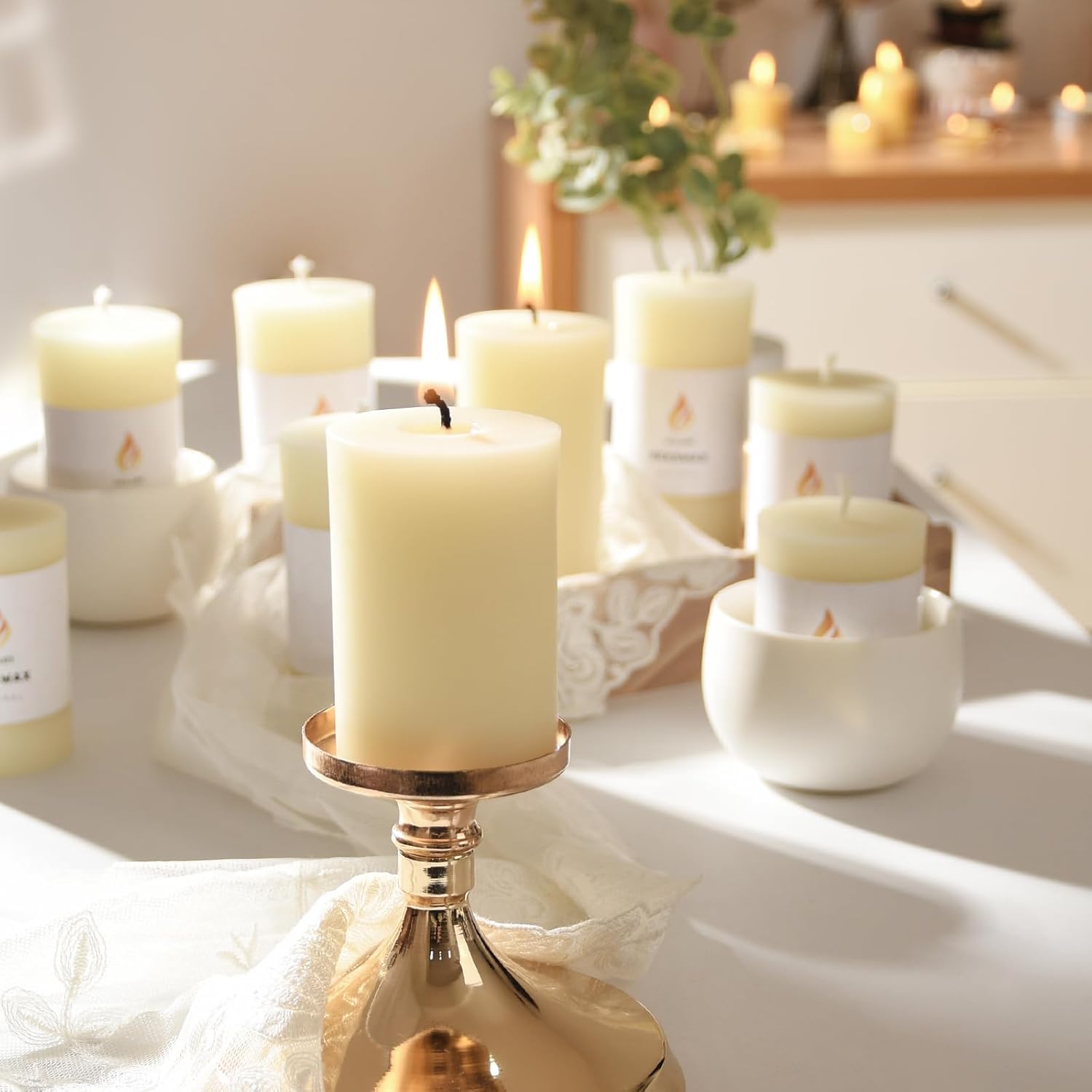 6PCS Beeswax Pillar Candles,Large Handmade Pure Beeswax Candle,Long Lasting Burn Time，Unscented Smokeless，2 * 3",20H, White