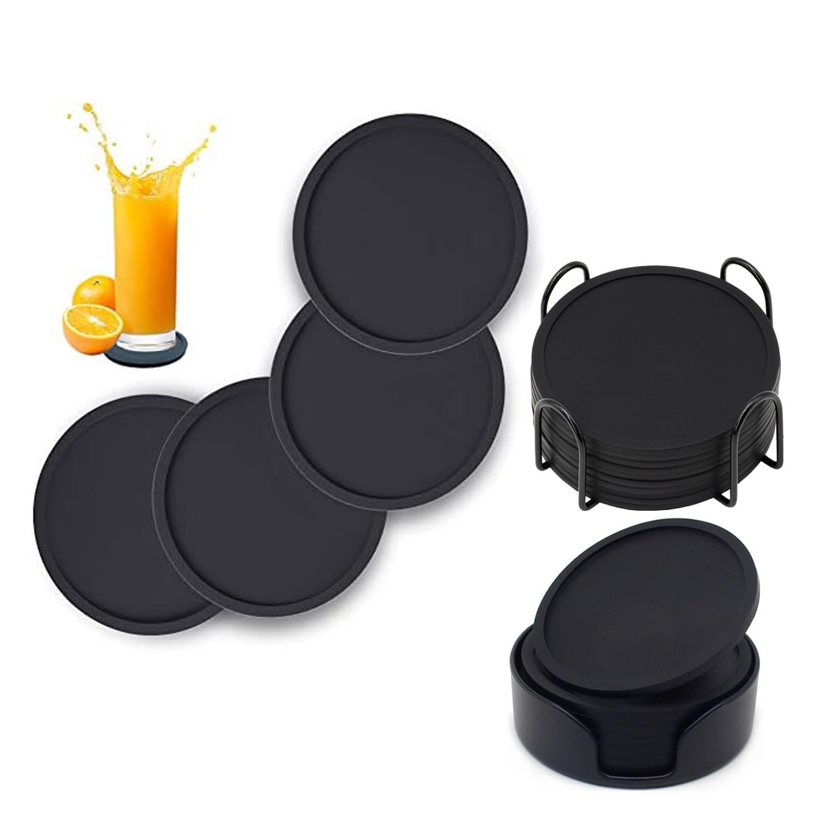 Posavasos Silicona Posavasos de Silicona con Soporte for Bebidas al Aire Libre, tapete for Bebidas frías o Calientes, Grueso, Antideslizante, Antiadherente(12pcs and Bracket)
