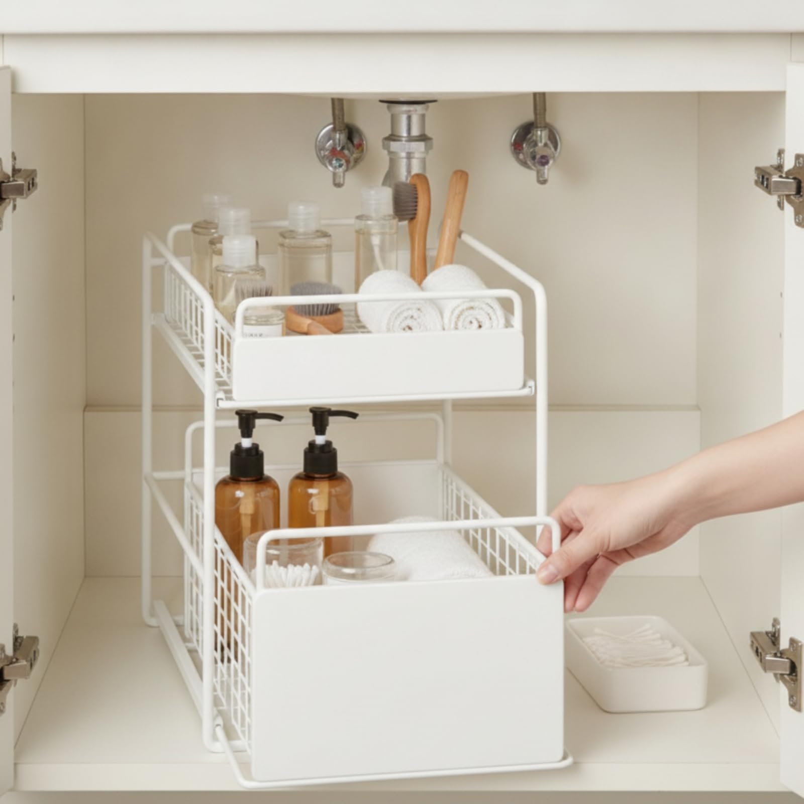 Étagère Coulissante à ux Niveaux en Fer pour Rangement Sous Évier Paniers Extractibles Parois Protection Adaptée à la Salle Bains à la Cuisine, Noir