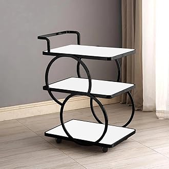 End Table Bar Trolley 3-Tier Metal Serving Trolley with Gold Elegant Home and Restaurant Mobile Cart for Effortless Food Serving Coffee Table for Living Room & Bedroom Decor (Black White)