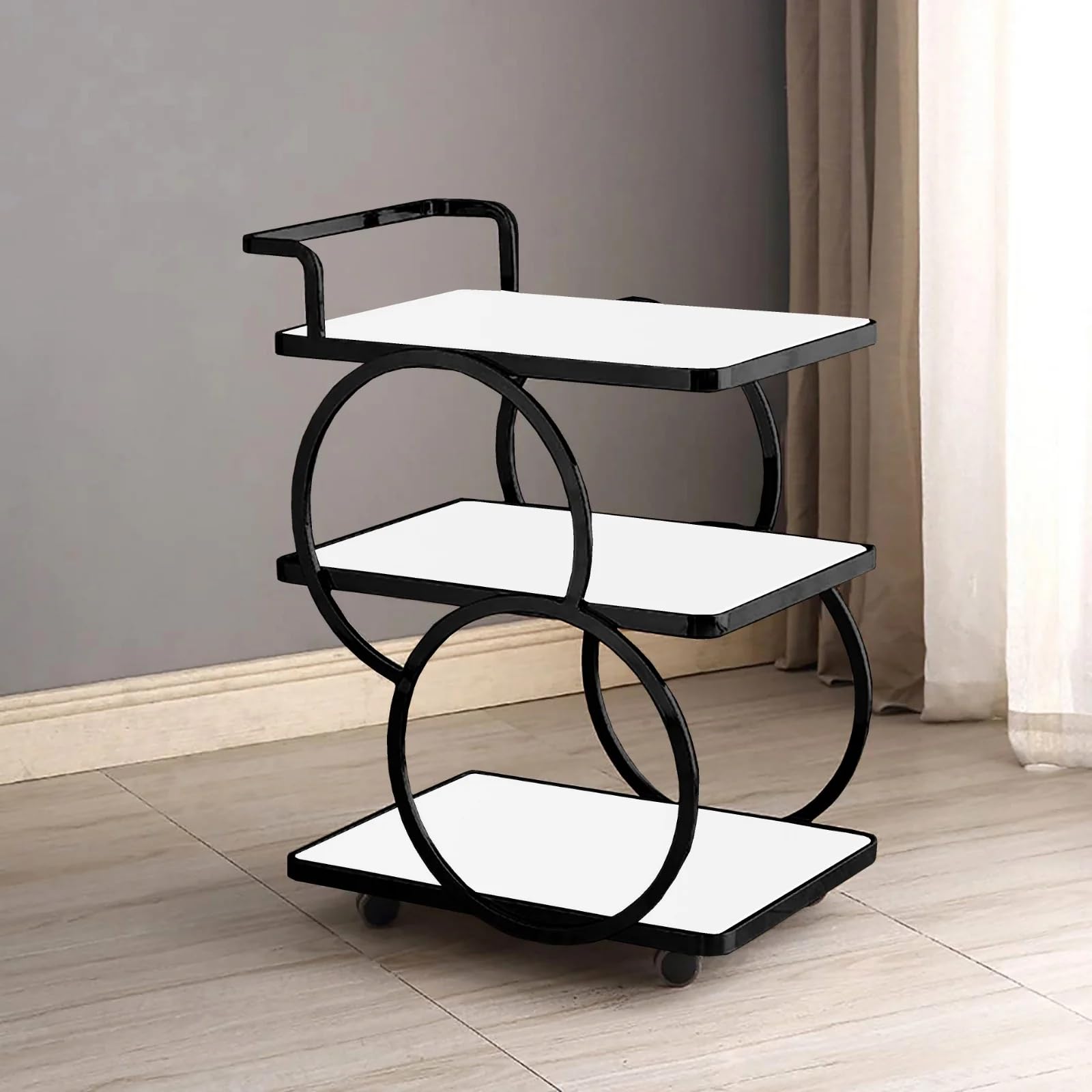 FURNIFOX End Table Bar Trolley 3-Tier Metal Serving Trolley with Gold Elegant Home and Restaurant Mobile Cart for Effortless Food Serving Coffee Table for Living Room & Bedroom Decor (Black White)