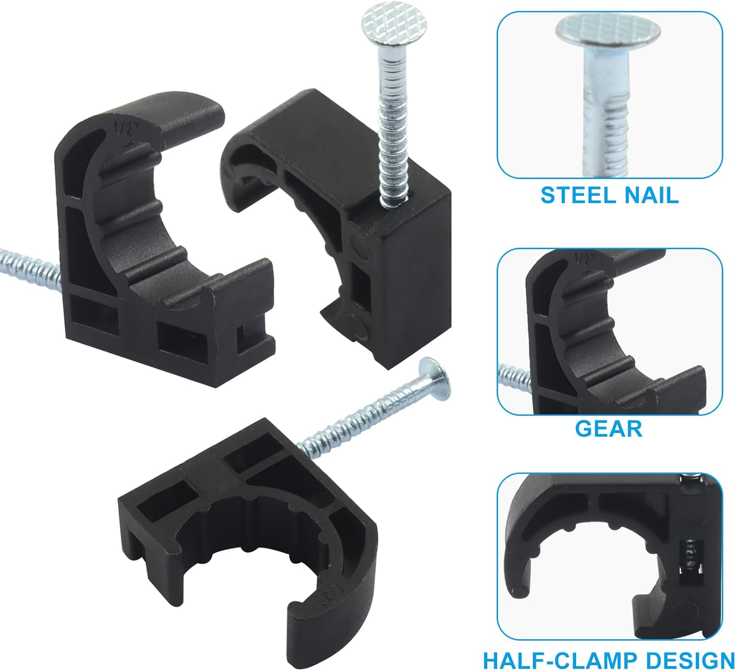 50 Pack 1/2 Inch Half Clamps J-Hook with Steel Nails – Black PE Pipe Clamps for Secure PEX, Copper, CPVC Tubing Support