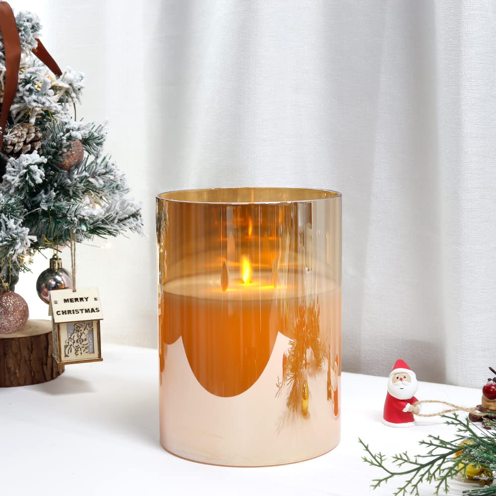 JHY DESIGN Velas de cera real con 3 mechas, velas LED sin llama a batería con temporizador de 6 horas y efecto 3D, para fiesta, salón, boda (Grande, oro)