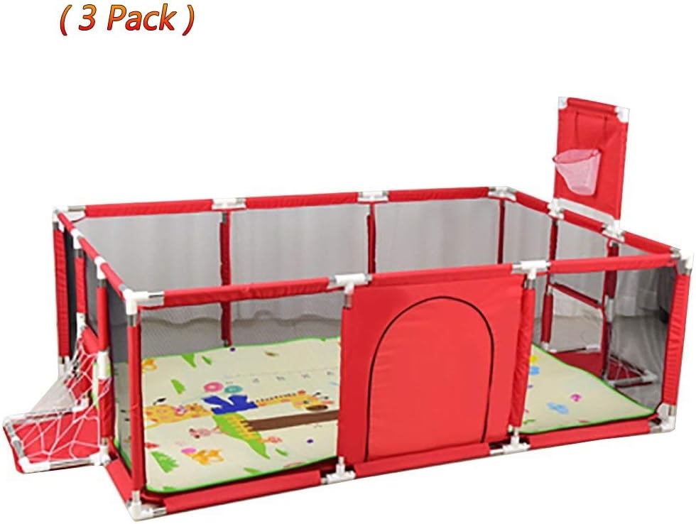Playpen YXX- Large Toddler Babys for Twin, Foldable Safety Play Yard with Mat & Basketball Hoop, Extra Tall 66cm, Red/Blue (Color : Red)