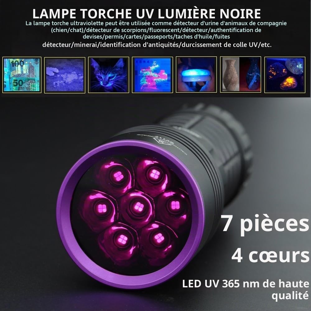 Alonefire SV117 70W Lampe Torche UV LED 365nm Puissante USB C Rechargeable Lumiere Noire Affichage Numérique pour Resine, Pêche, Scorpion, Minéraux, Ambre avec Lunettes de Protection UV, Batterie