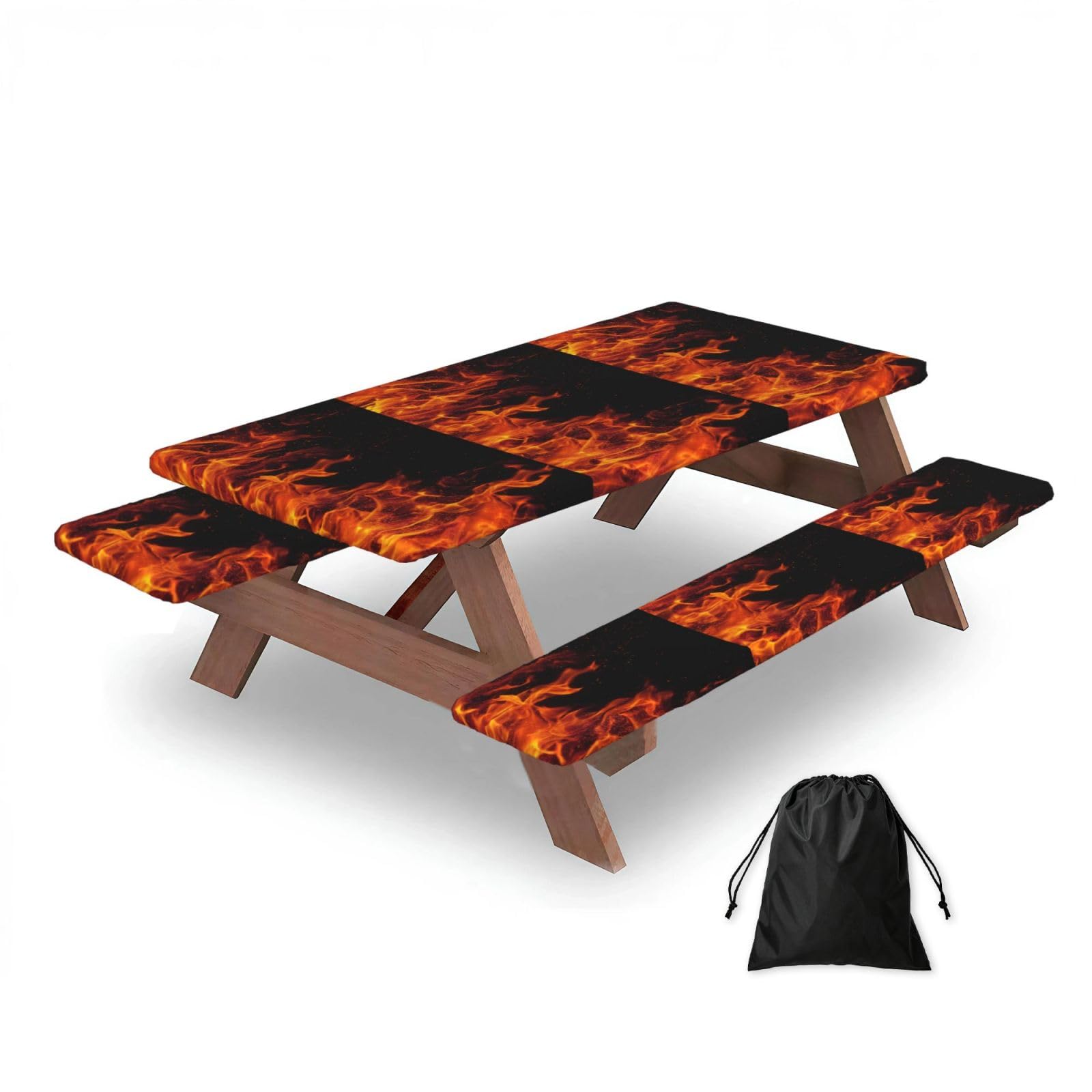 Dopklna As Picture Fire Pattern, Picnic Table Cover With Bench Covers -Waterproof Elastic Fitted Tablecloth For Garden Camping Patio 76X152cm